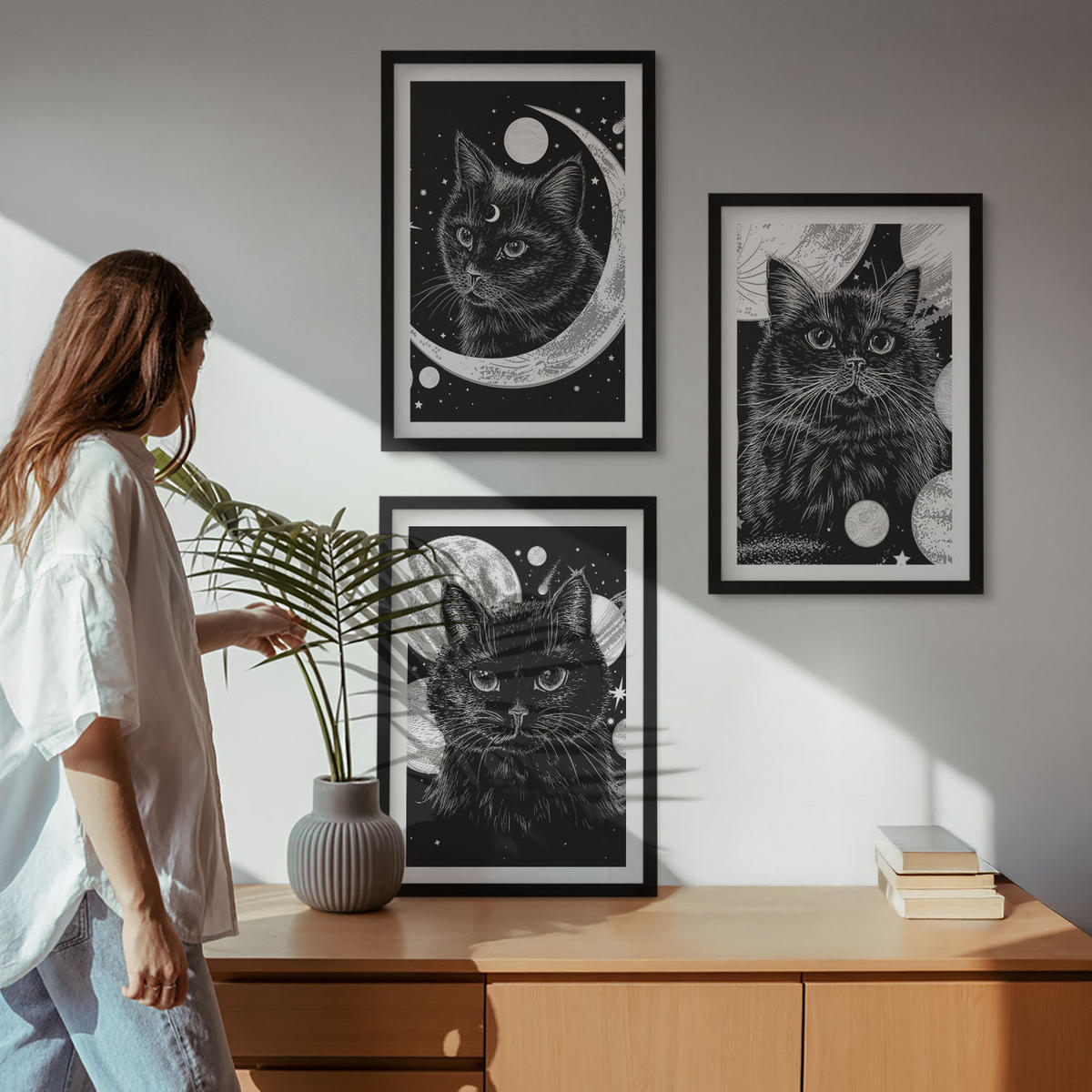 BILDER SET 3er Set - 40x60 cm Schwarzer Rahmen - Schwarze Katzen, Mond, Weltraum - Schwarz, Kunststoff (40/60cm) - TULUP