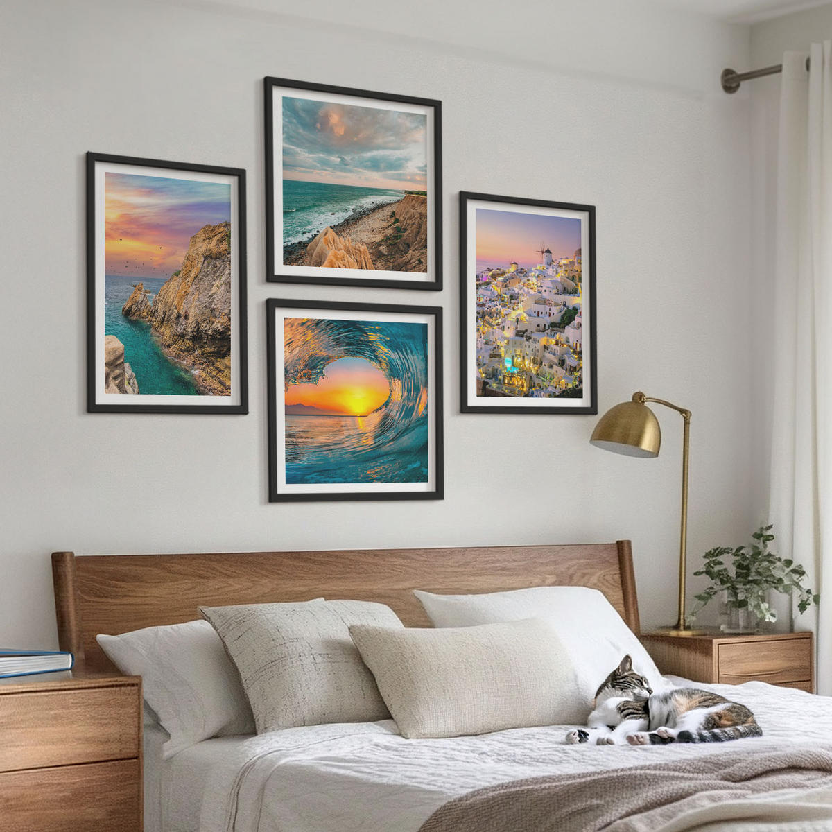 BILDER SET 4er Set - 50x50 cm & 40x60 cm Schwarzer Rahmen - Meereswellen, weiße Häuser, Santorini - Schwarz, Kunststoff (50/50cm) - TULUP