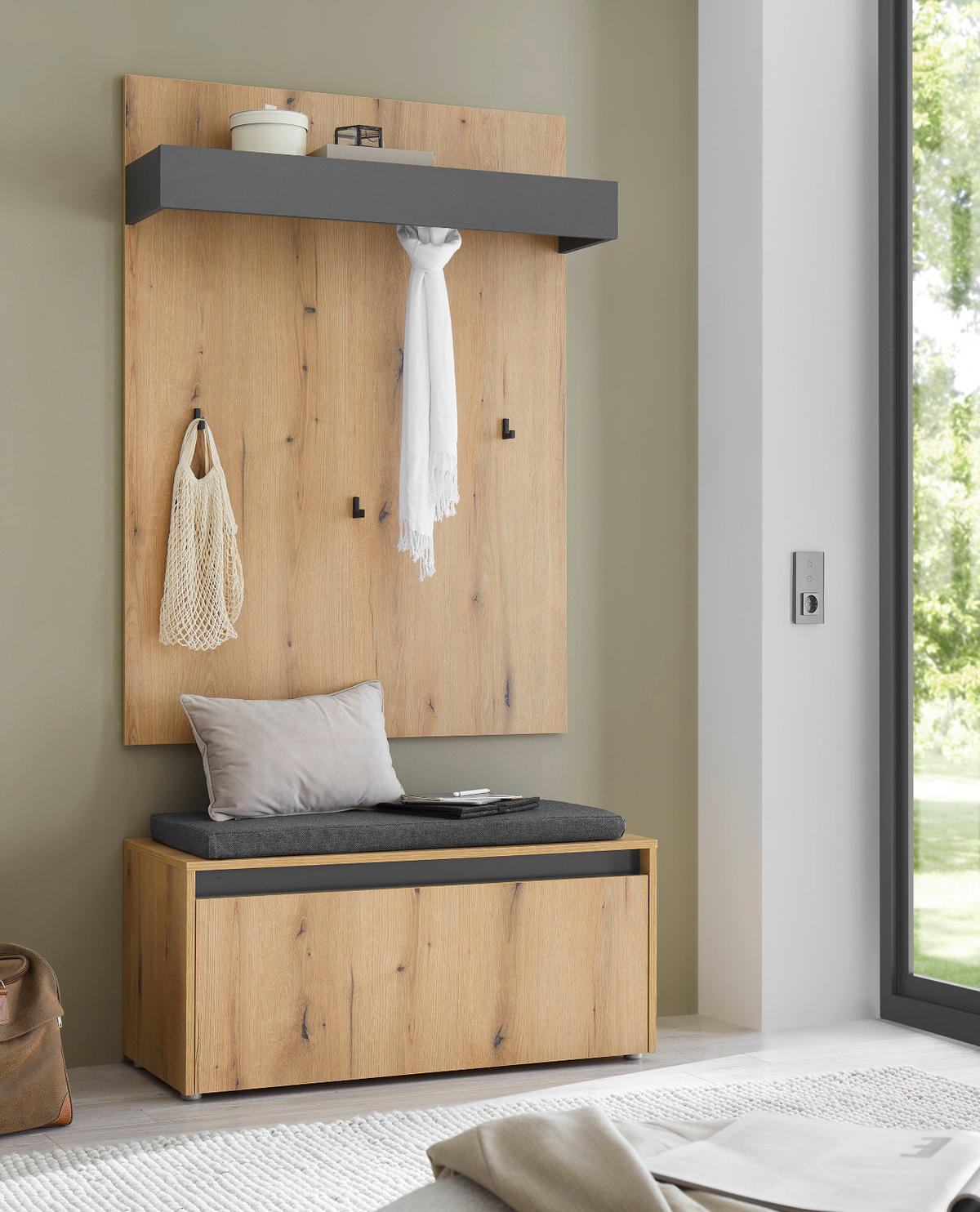 GARDEROBEN-SET Evoke Eiche, grau 100 cm 3-teilig, Garderobenkombination mit Sitzkissen - Eichefarben/Schwarz, Holzwerkstoff/Kunststoff (100/200/40cm) - Furn.Design