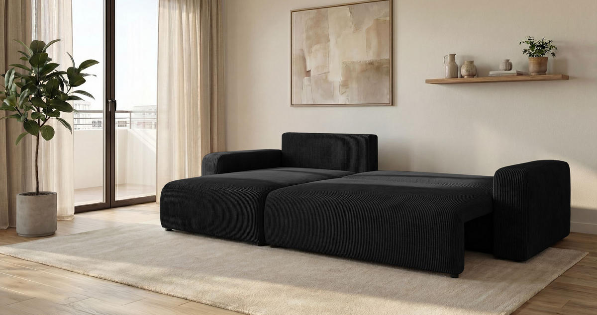ECKSOFA BERLIN links schwarz Cord Poso 135 - Schlaffunktion, Bettkasten - Schwarz, Textil (285/185cm) - Cornero