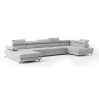 WOHNLANDSCHAFT MONTIVA Hellgrau Velours-Stoff mit Schlaffunktion - Hellgrau, Holz (410/89/190cm) - MASSENO