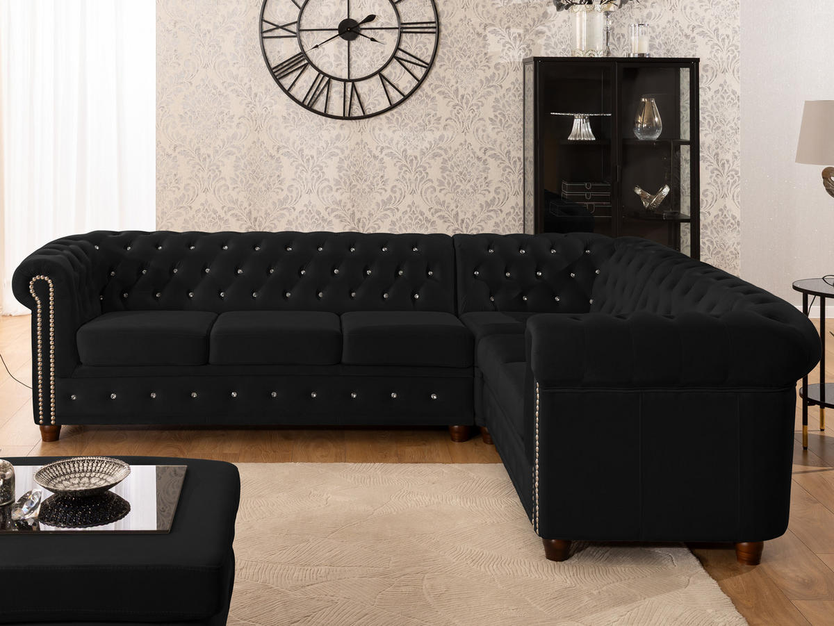 ECKSOFA Chesterfield Cleo Blink Schwarz Samt mit Kristallsteppung und braunen Massivholzfüßen - Ottomane Rechts - Schwarz/Braun, Holz/Textil (264/210cm) - S-Style Möbel