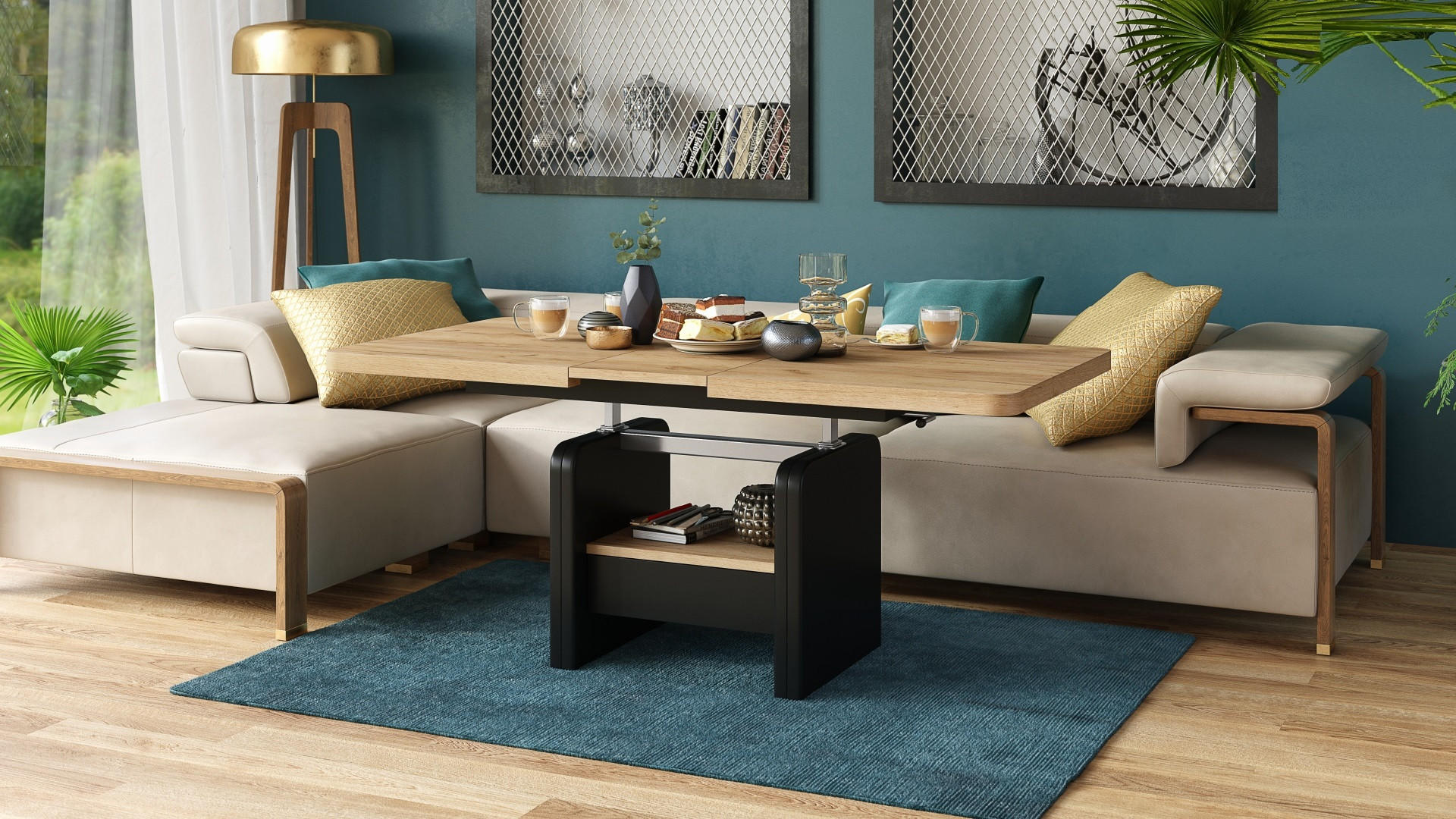 COUCHTISCH rechteckig Eiche Gold - Schwarz höhenverstellbar ausziehbar - Eichefarben/Schwarz, Holzwerkstoff (75/180/75cm) - designimpex