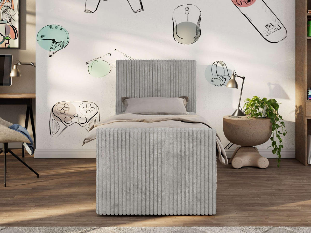 JUGENDBETT TILIO DUO 90/200 - Hellgrau Cord - H4 - Rechts Seite - Hellgrau, Textil (90/200cm) - MKS