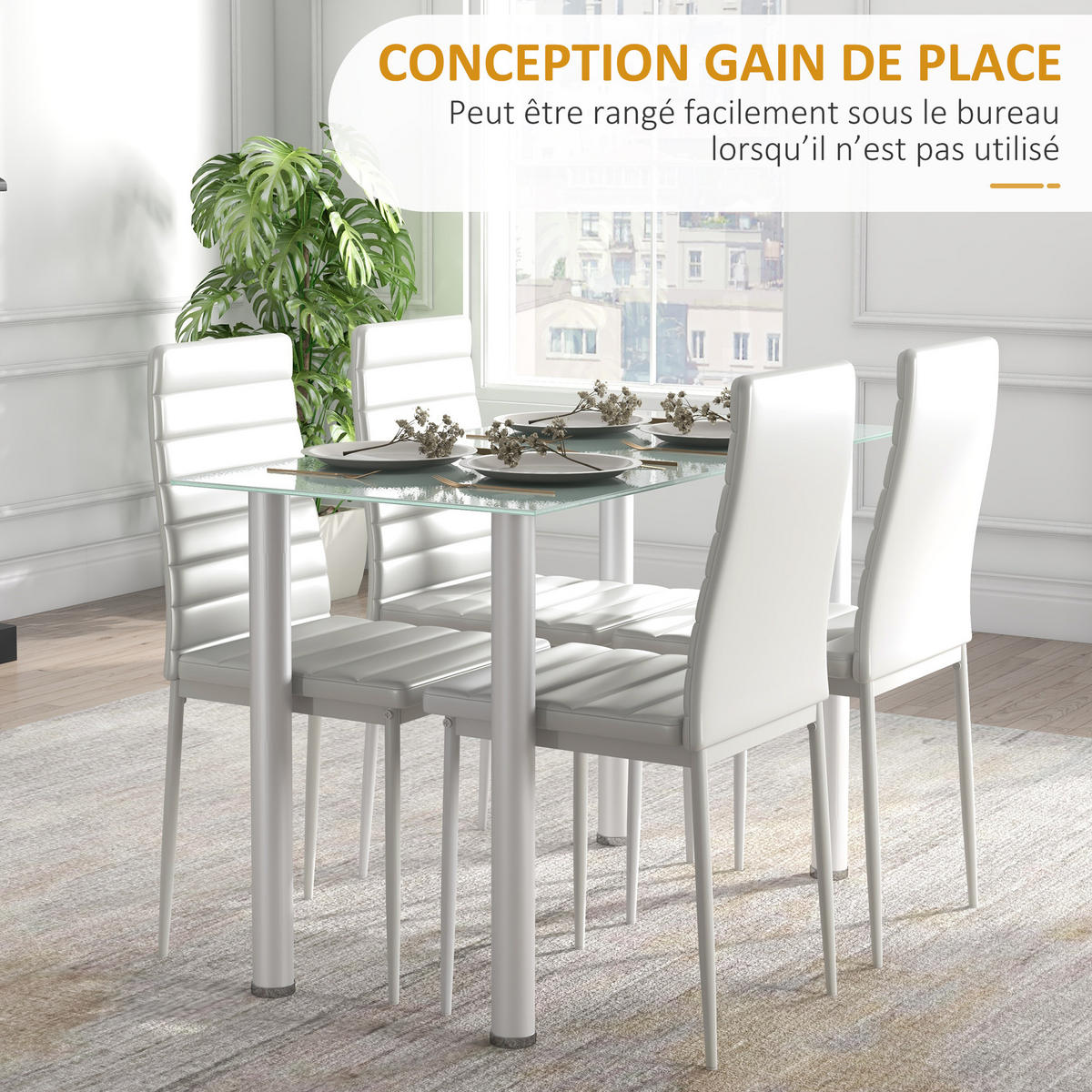 ESSGRUPPE mit 4 Stühlen, Tischplatte aus gehärtetem Glas, Stahlbeine, für Küche oder Wohnzimmer, weiß - Weiß, Metall (120/75/60cm)