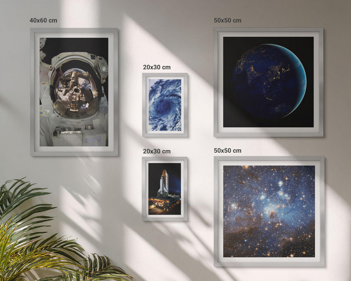 BILDER SET 5er Set - 50x50 cm & 20x30 cm & 40x60 cm Silberner Rahmen - Weltraum Erde Astronaut Rakete - Silberfarben, Kunststoff (40/60cm) - TULUP