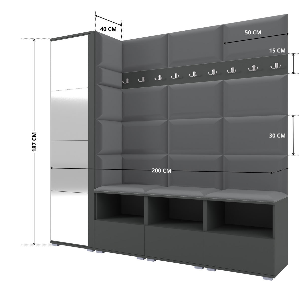 GARDEROBE NELA IX 200 cm (Modulare Flurmöbel Graphit mit Spiegel & Sitzpolster Dunkelgrau 15 Breite Sitzbank) - Dunkelgrau/Silberfarben, Holz/Holzwerkstoff (200/187/40cm) - Ravio