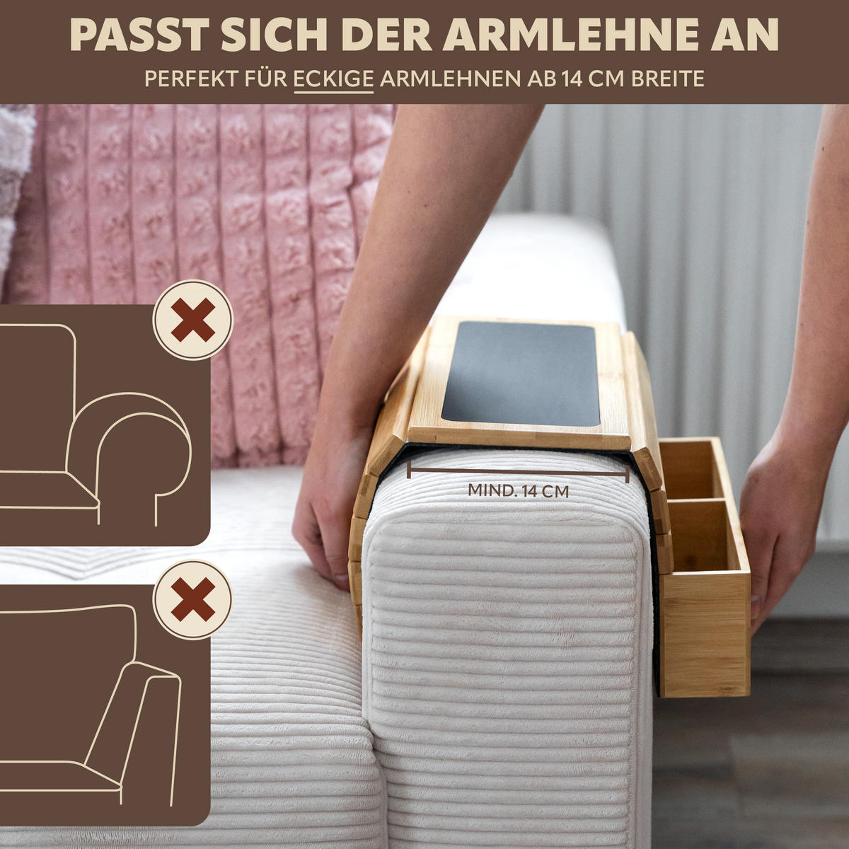 ARMLEHNEN-SOFATABLETT mit seitlichen Fächern, rutschfeste Silikonablage, Bambus - Naturfarben, Naturmaterialien (47/6/34cm) - eluno