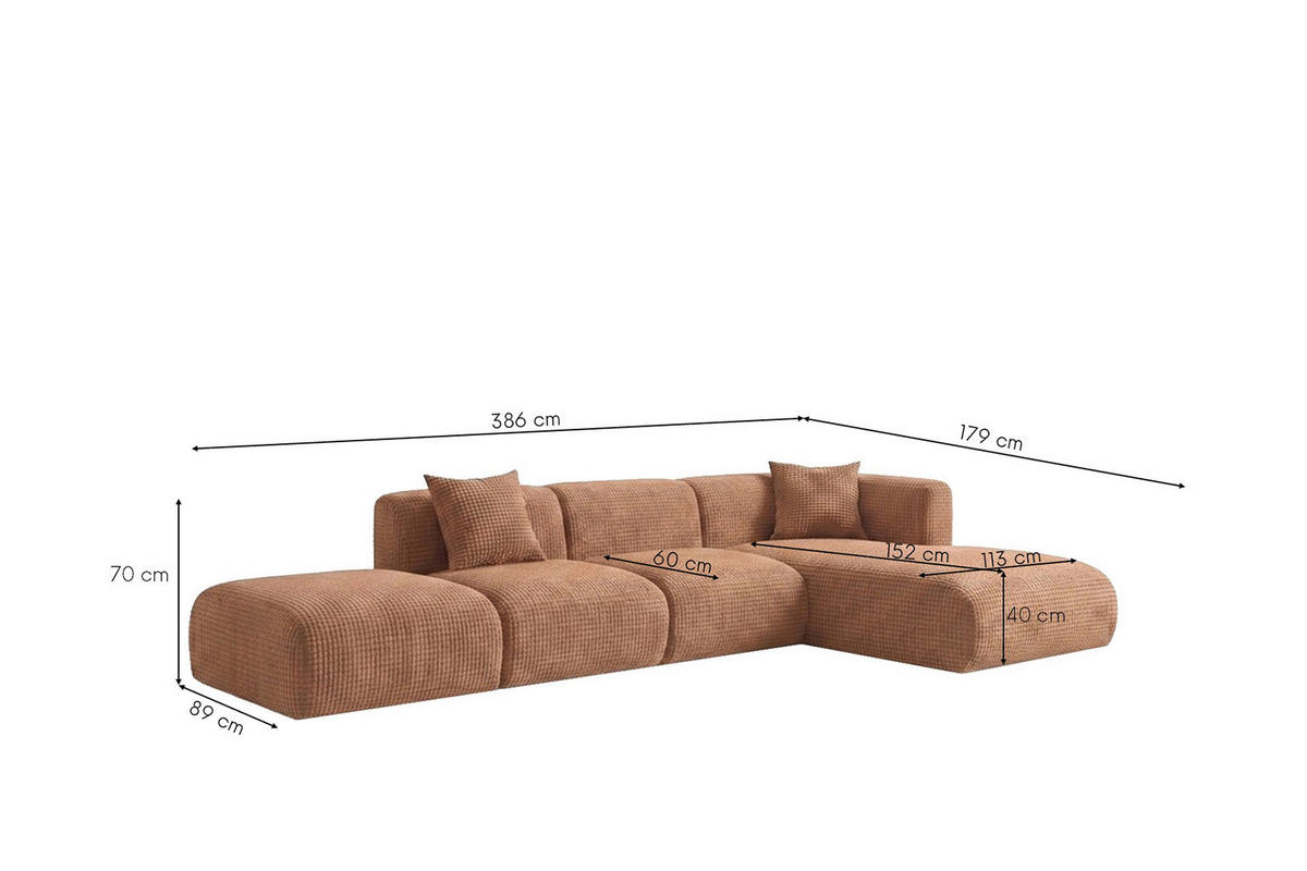 ECKSOFA L-Form mit Hocker, Chenille-Stoff Cremona, Hellbraun, Rechts, GRETA - Hellbraun, Holz (386/179cm) - Kaiser Möbel