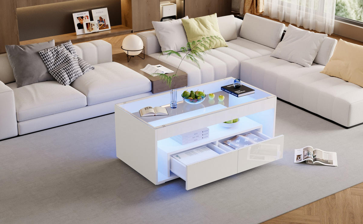 COUCHTISCH 100/50/40 cm Weiß aus Spanplatte und gehärtetem Glas mit LED-Beleuchtung - Weiß, Holzwerkstoff (100/50/40cm) - OKMYHOME