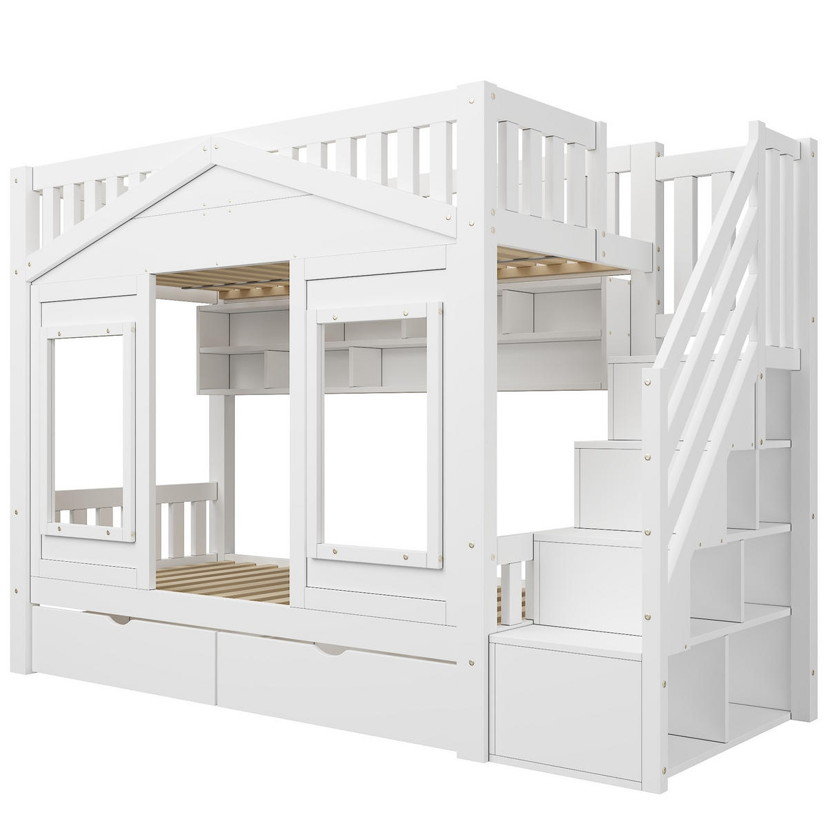 KINDERHOCHBETT 90x200 cm in Weiß mit Stauraumtreppe und Schublade - Weiß, Holz (90/200cm) - IVMEU