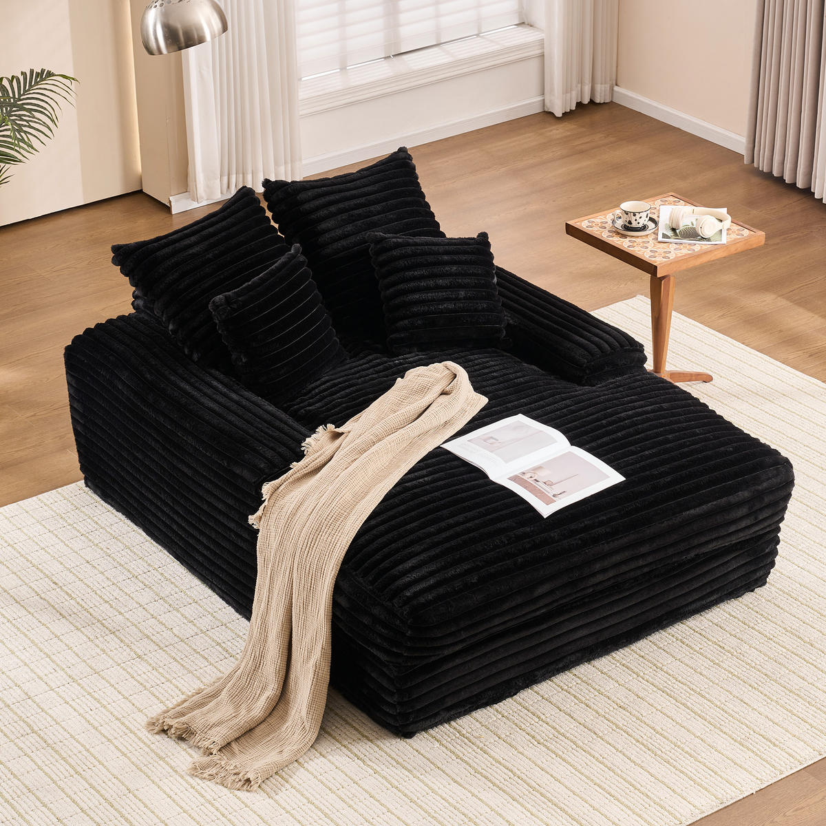 RELAXLIEGE Cordstoff mit Memory-Schaum und 4 Kissen 137/175/63 cm Schwarz - Schwarz, Textil (137/63/175cm) - Redom