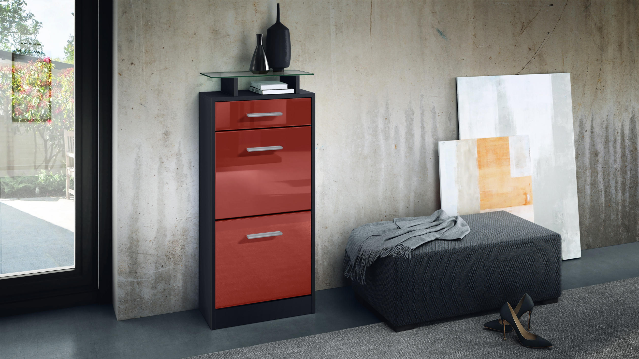 SCHUHSCHRANK Loret Front in Bordeaux Hochglanz - Bordeaux, Holzwerkstoff (46/104/23cm) - Vladon