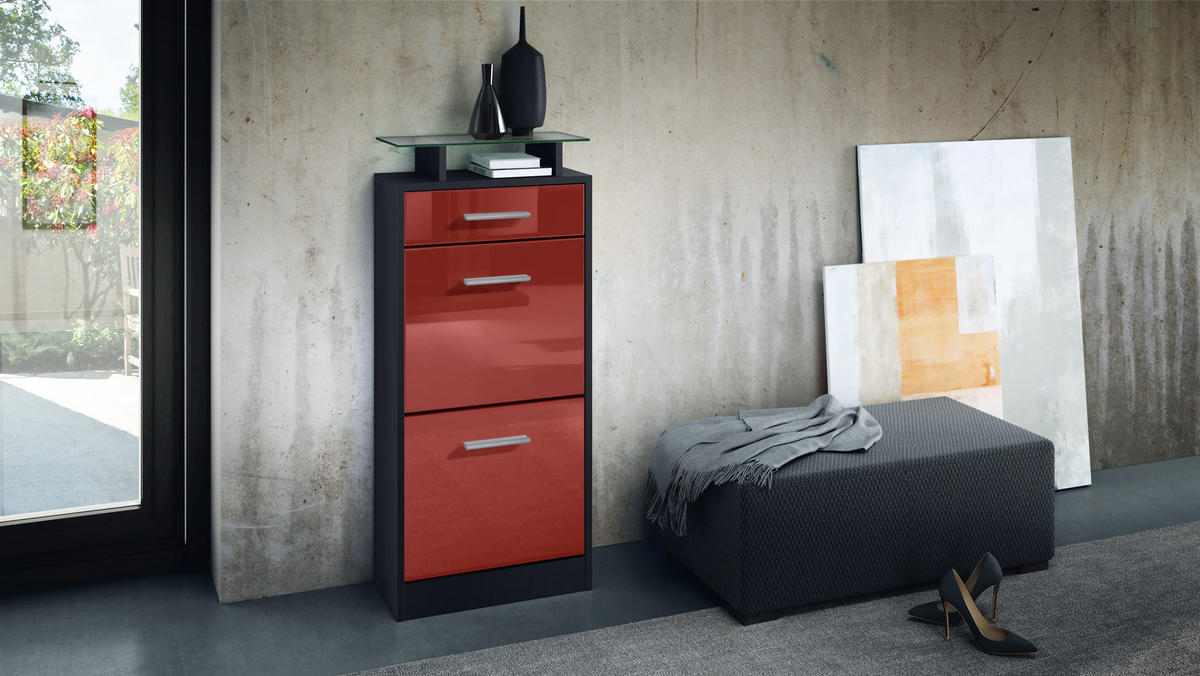 SCHUHSCHRANK Loret Front in Bordeaux Hochglanz - Bordeaux, Holzwerkstoff (46/104/23cm) - Vladon