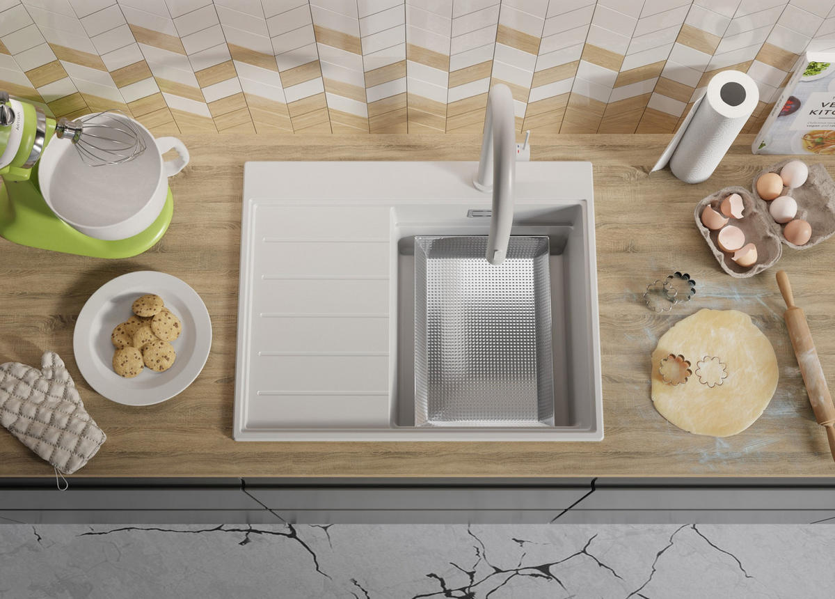 SPÜLBECKEN Sydney, 2-er set Weiß 62/50 cm 1 Becken + Ablauf-Set + Küchenzubehörset ab 40er Unterschrank - Chromfarben/Beige, Kunststoff (62/20/50cm) - Primagran