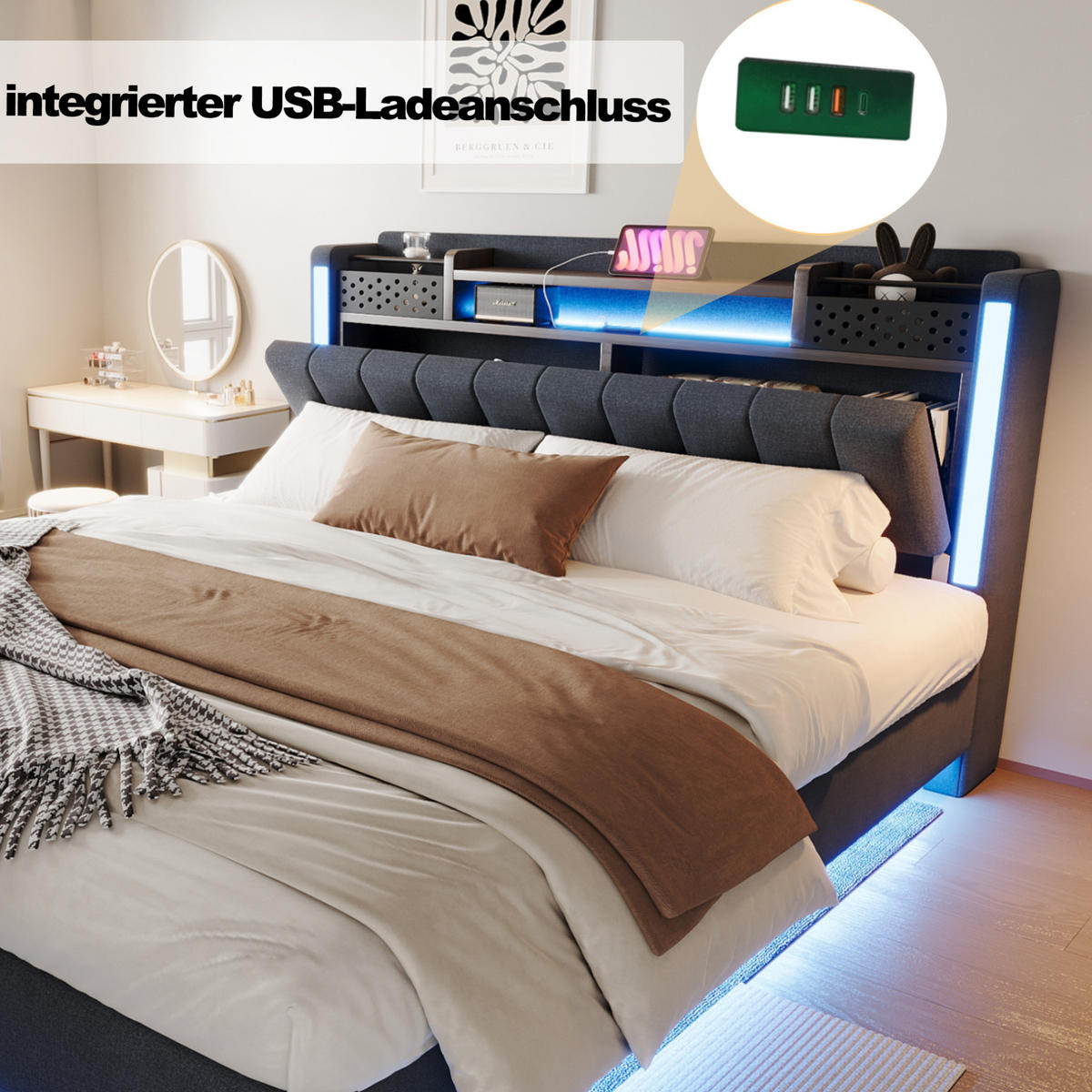 POLSTERBETT 160/200 cm Grau aus Leinenstoff mit LED und USB-Ladeanschluss - Grau, Textil (160/200cm) - OKMYHOME