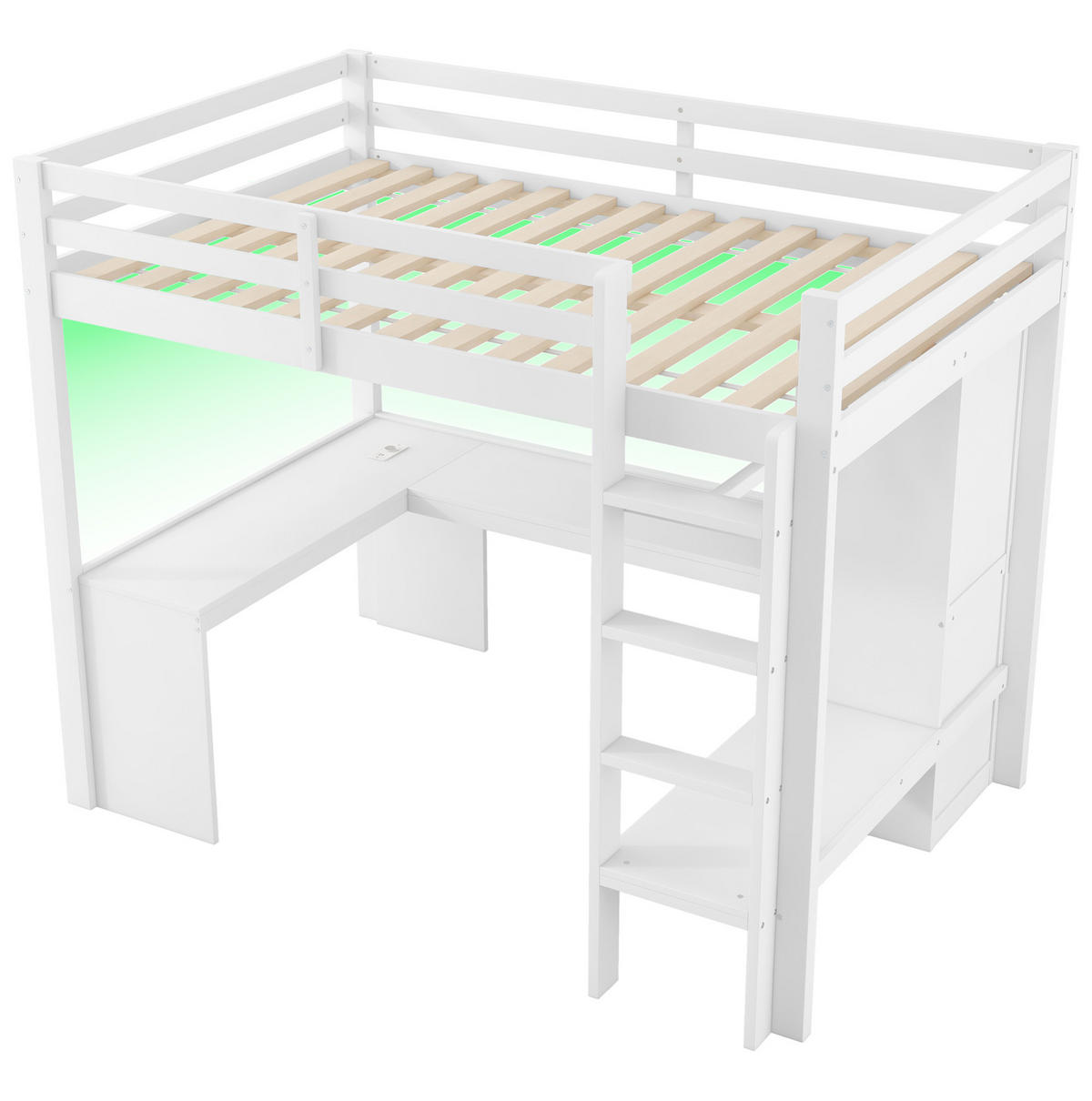 PATROVÁ postel 140/200 cm bílá z masivního dřeva a MDF s deskou, LED osvětlením a policí - bílá, kompozitní dřevo (140/200cm) - OKWISH