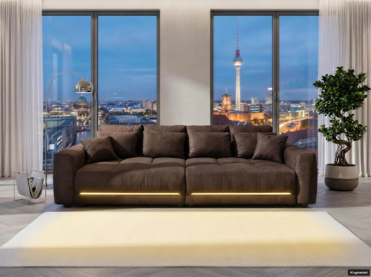 BIG-SOFA Federkern B294/T136/H86 cm, RGB-LED-Beleuchtung mit Fernbedienung, Mikrofaserstoff in Braun / 15417 - Schwarz/Braun, Kunststoff/Textil (294/86/136cm) - luma-home