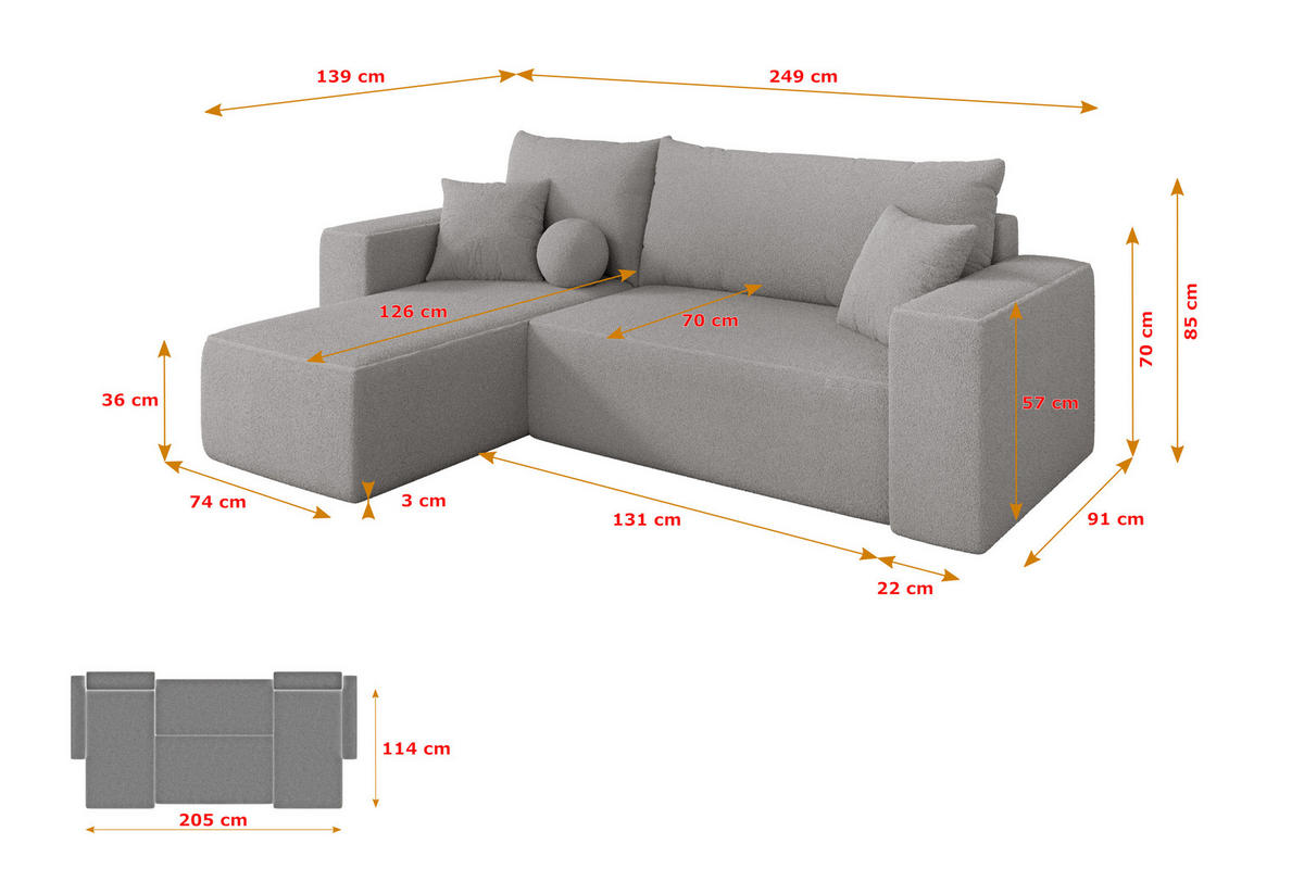 ROHOVÁ SEDAČKA s funkcí spaní, otoman vlevo SENO-L 249x139x85 světle šedá bouclé - černá/stříbrná, kompozitní dřevo/textil (249/139cm) - ALTDECOR