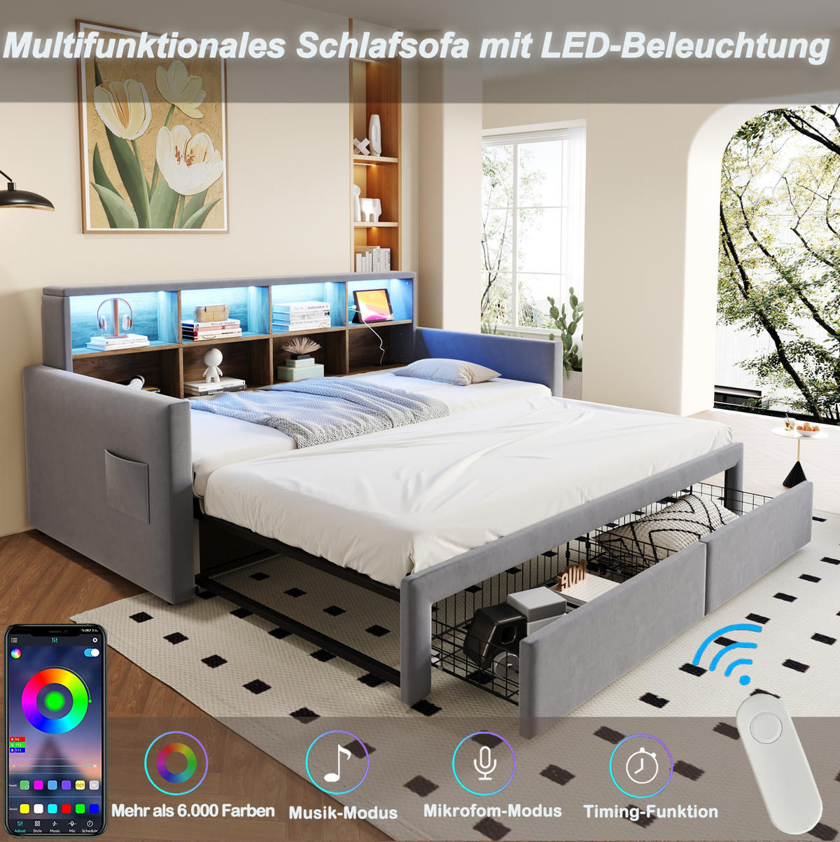 POLSTERBETT 90/190 cm aus Samt mit Stauraum, Hellgrau - Hellgrau, Textil (90/190cm) - OKMYHOME