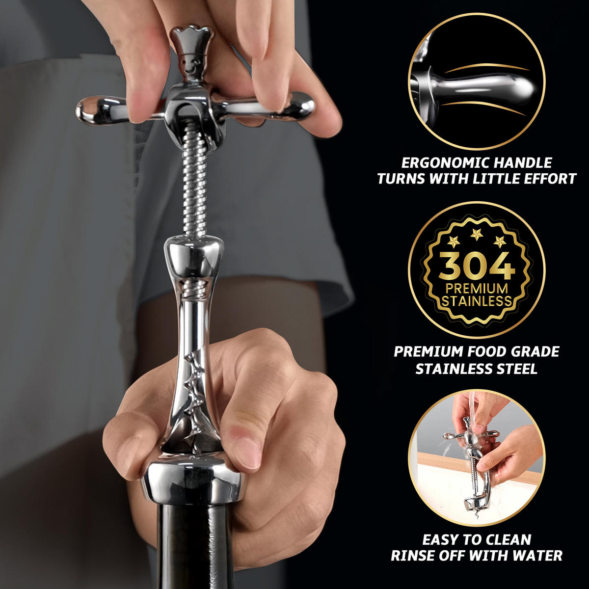KORKENZIEHER Weinöffner,Manueller Weinöffner, Edelstahl, schweres Design für müheloses Entkorken - Edelstahlfarben, Metall (16/4/9cm) - Gourmet Easy
