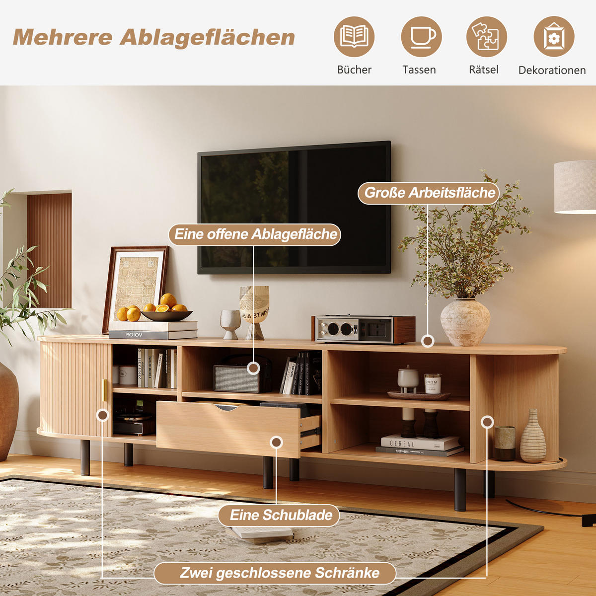 TV-SCHRANK mit abgerundeten Kanten und Rollo-Tür aus MDF 175 × 40 × 55 cm - Naturfarben, Holzwerkstoff (175/55/40cm) - Luhomfu