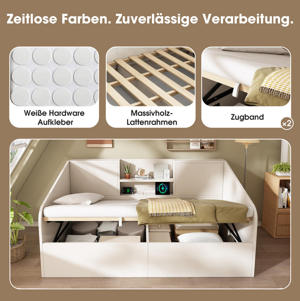 POLSTERBETT 90/200 cm mit USB- und Type-C-Ladestation, hydraulischem Stauraum und Ablagen, Holz, Weiß - Weiß, Textil (90/200cm) - Redom