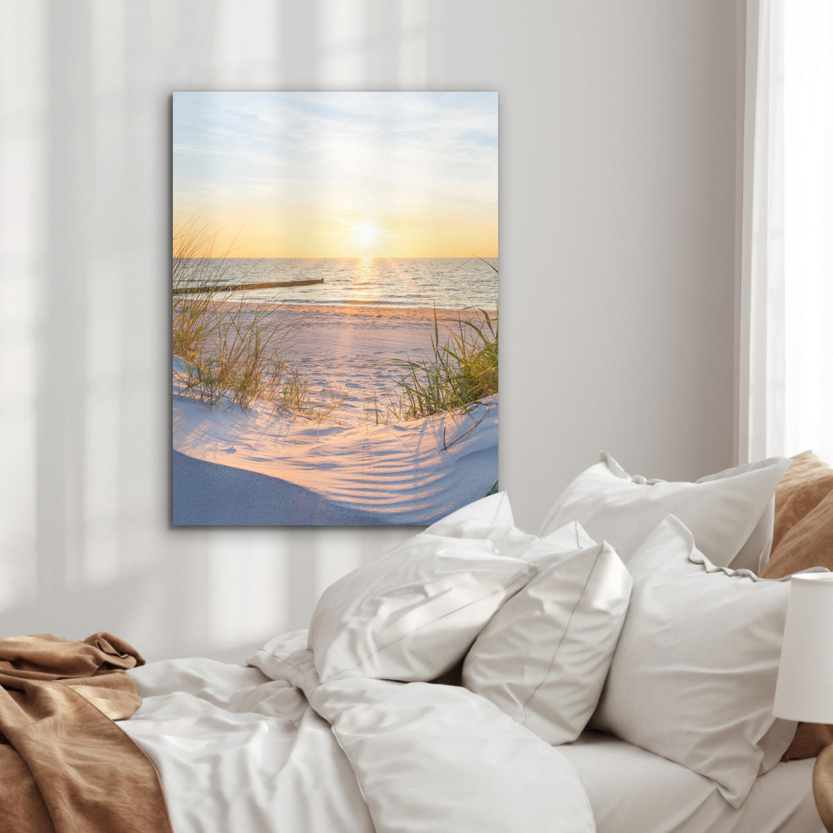 KOVOVÝ OBRAZ Pláž - Slnko - Duny - Tráva - Piesok - Horizont 60x80 cm - svetlomodrá, kov (60/80cm) - MuchoWow