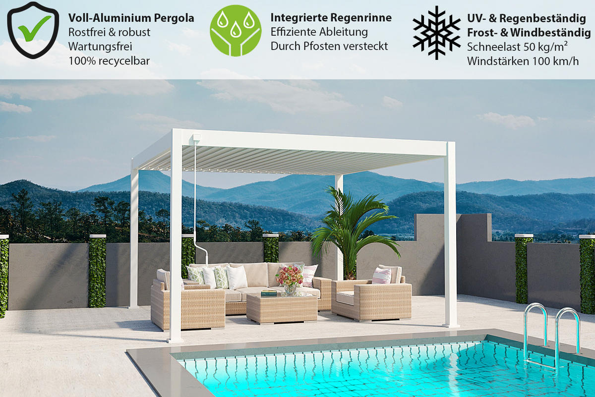 PERGOLA Deluxe Plus Pavillon Terrassenüberdachung Aluminium 4 x 4 m weiß - Weiß, Metall (400/255/400cm) - WEIDE