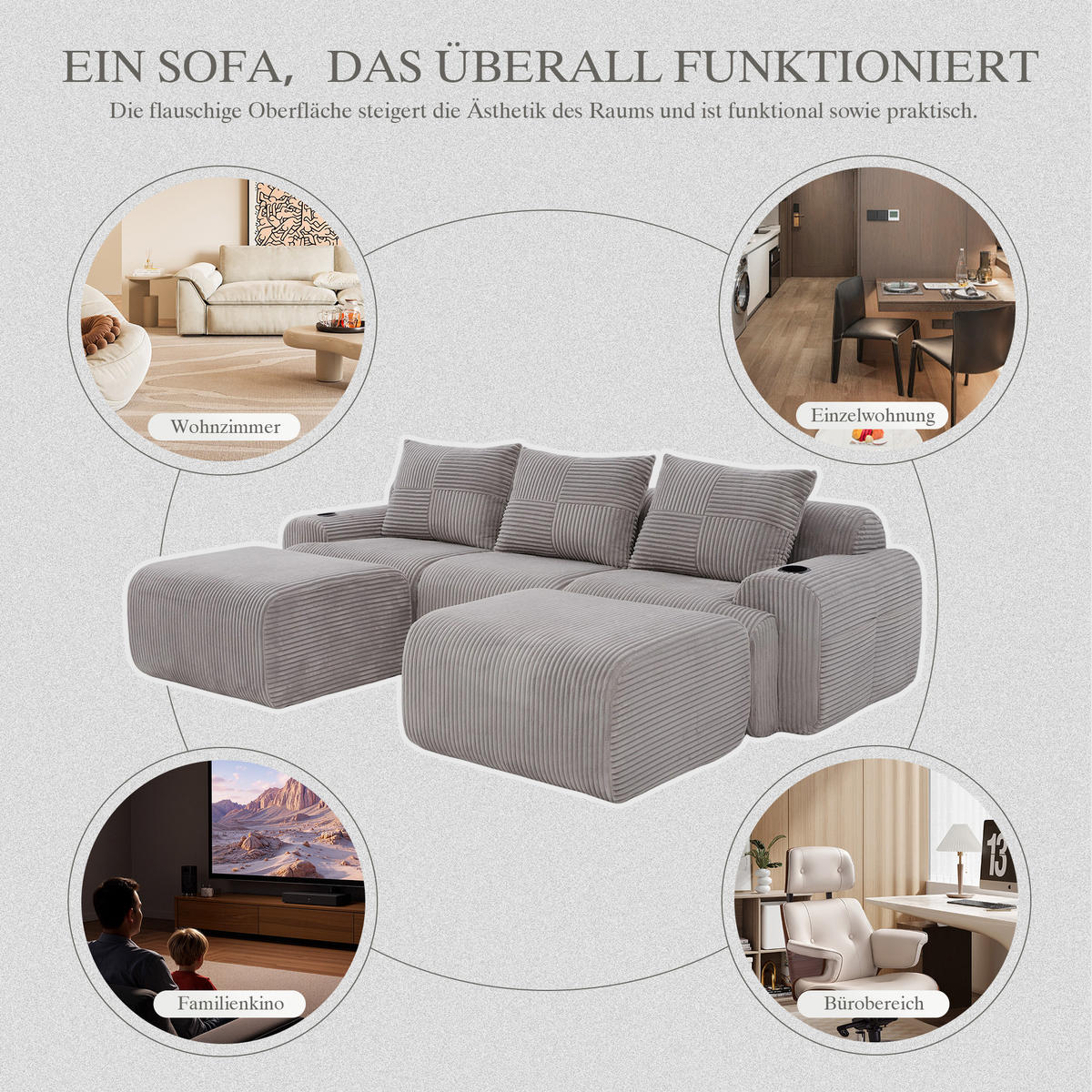 3-SITZER Wohnlandschaft Cord mit 2 Hockern und Getränkehalter 268/174/80 cm Hellgrau - Hellgrau, Textil (174/80/268cm) - Redom