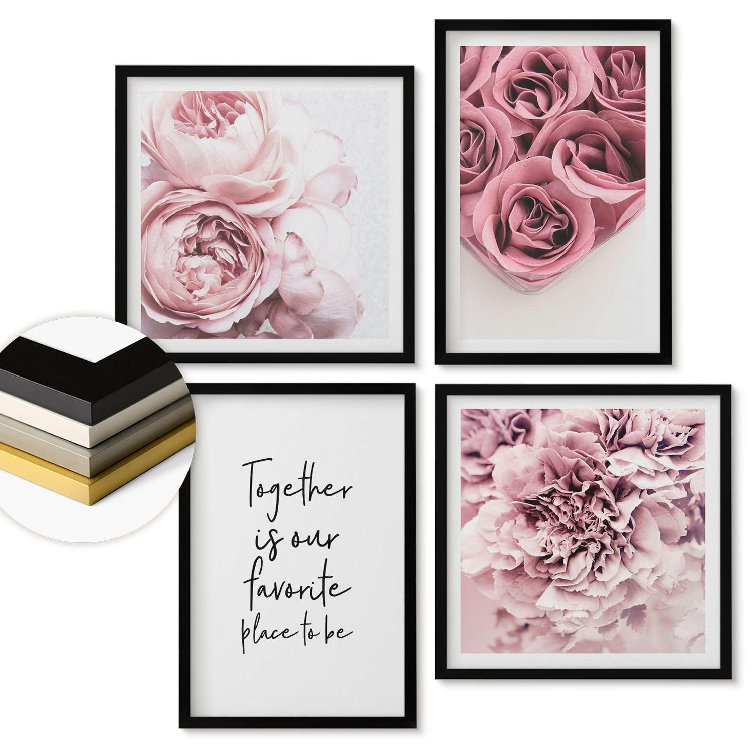WANDBILDER 4er-Set - 50x50 cm & 40x60 cm Schwarzer Rahmen - Blumensträuße mit Rosen, Hausinschrift - Schwarz, Kunststoff (50/50cm) - ArtPrintCave