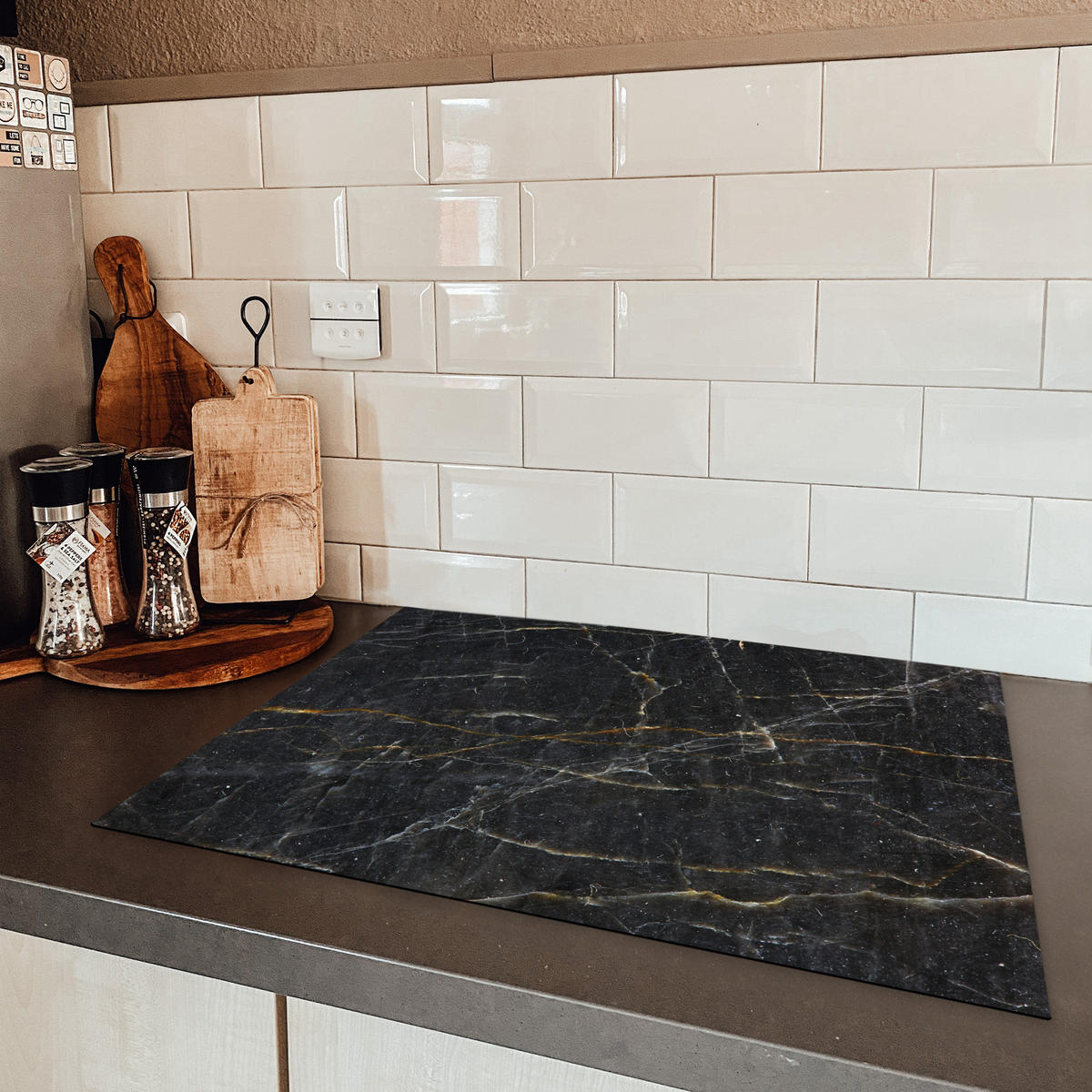 HERDABDECKPLATTE Marmor - Schwarz - Gold - Grau - Marmorstruktur 70x52 cm - Goldfarben, Kunststoff (70/0.2/52cm) - MuchoWow