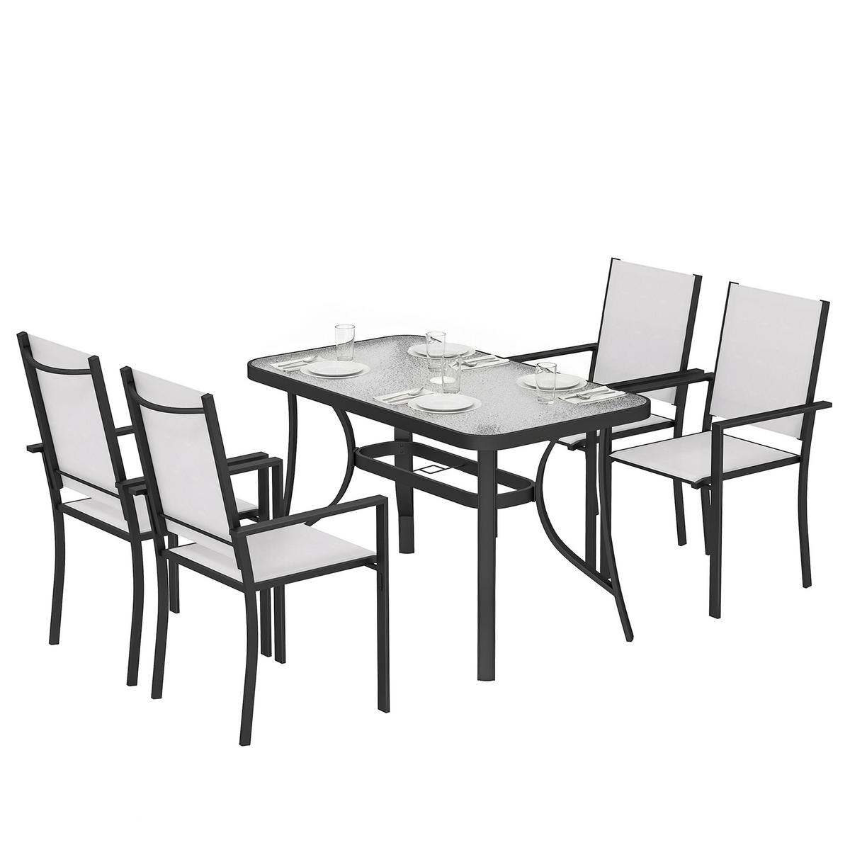 GARTEN-SET 5-teilig,4 stapelbare Stühle+Glastisch mit Schirmloch,hellgrau - Grau, Metall - Vallsero