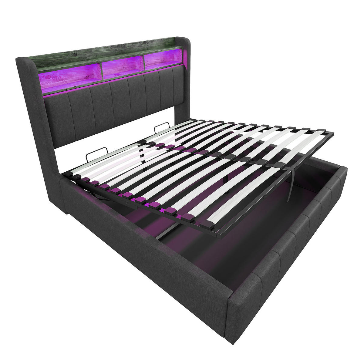 POLSTERBETT 160x200cm, LED, USB, Kopfteil Ablage+Stauraum, Grau - Grau, Textil (160/200cm)