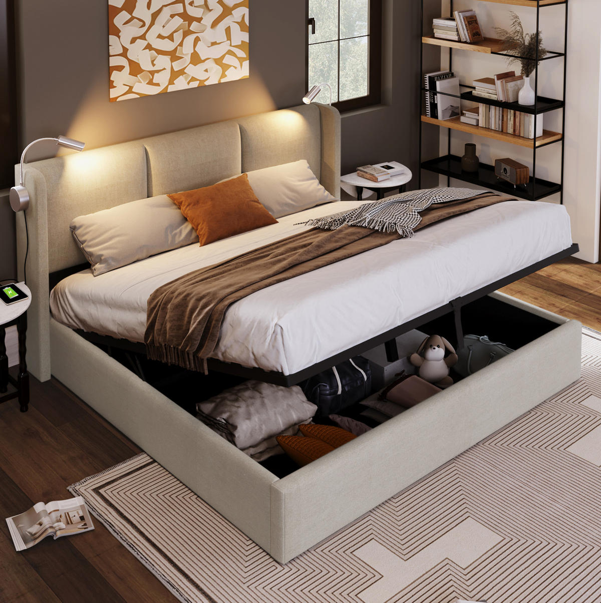 POLSTERBETT mit Bettkasten 140x200 cm Beige inklusive Matratze - Beige, Metall (140/200cm) - Meubliv