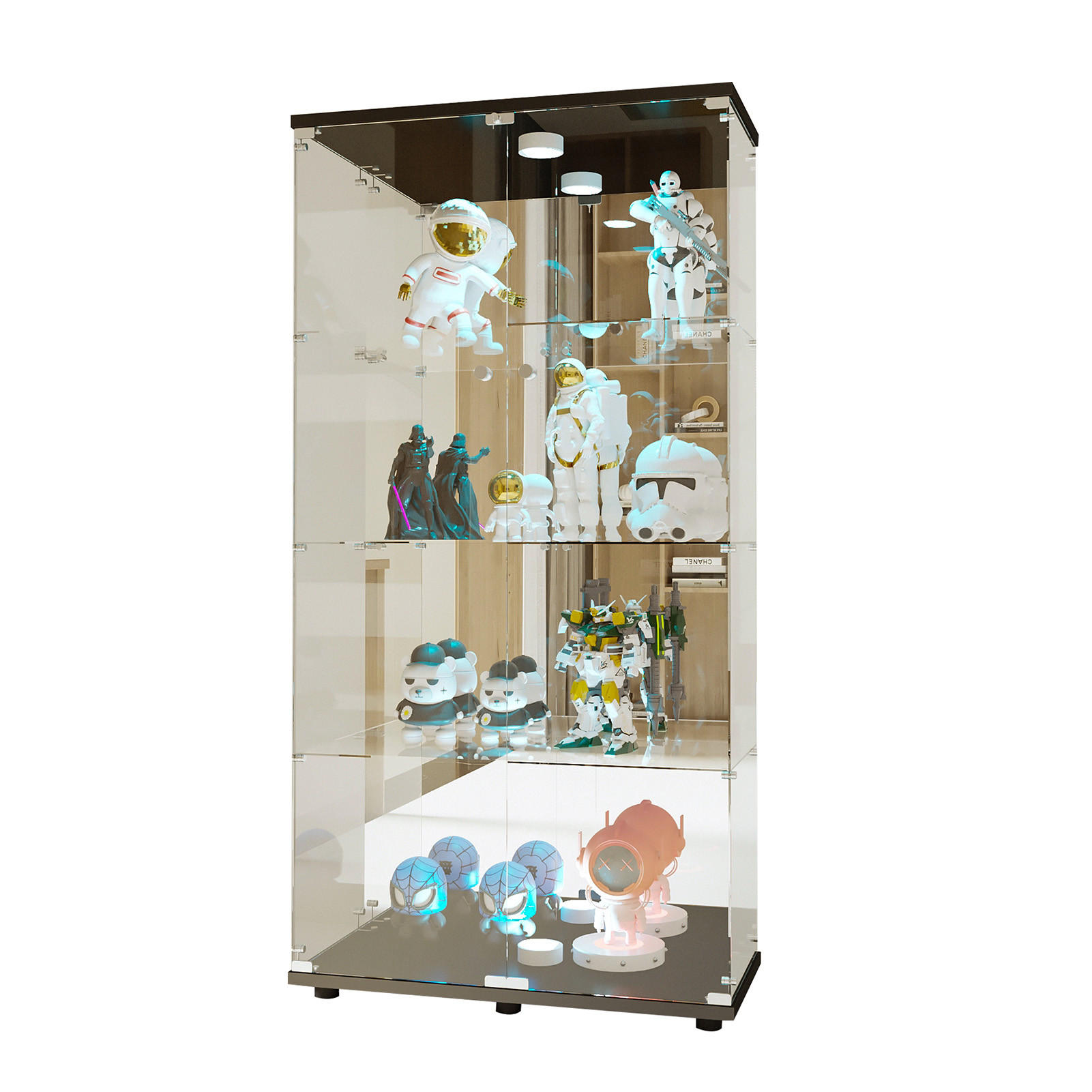 GLASVITRINE Standvitrine, 4 Lagen Glas Vitrine Vitrinenschrank,2 Türen, LED Lampe Und Schloss, Schwarz - Schwarz, Glas (36/164/80cm)