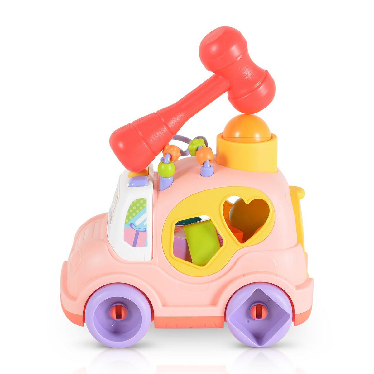 SORTIERSPIEL Auto Musik Licht rosa 4 Formen, Hammer, Motorikschleife, 3 Bälle, ab 18 Monaten, Stauraum - Rosa, Kunststoff (24/15/14cm) - Moni