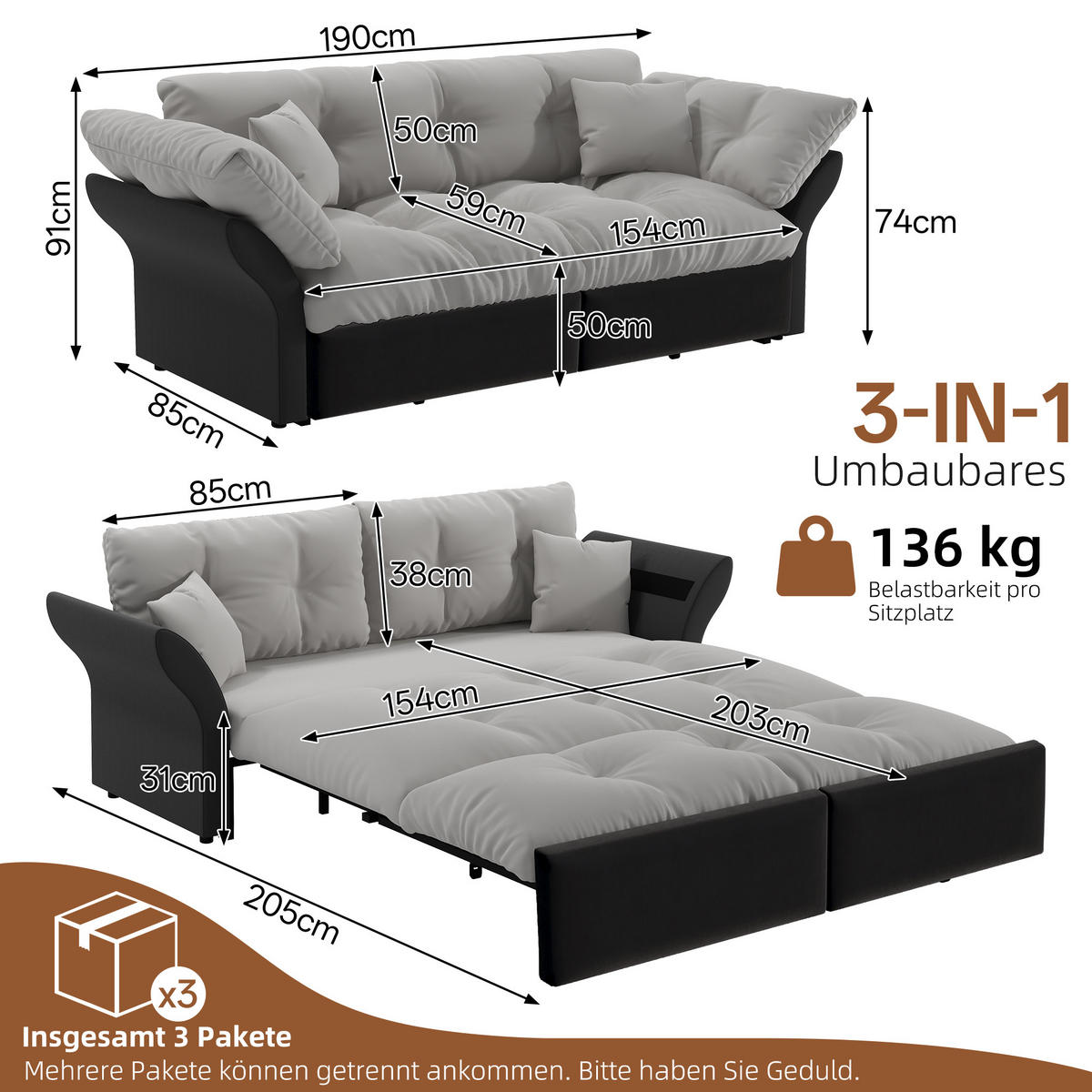 SCHLAFSOFA 190/85/91 cm Hellgrau Samt mit Tufting und 2 weichen Kissen - Hellgrau, Textil (190/91/85cm) - Oxeza