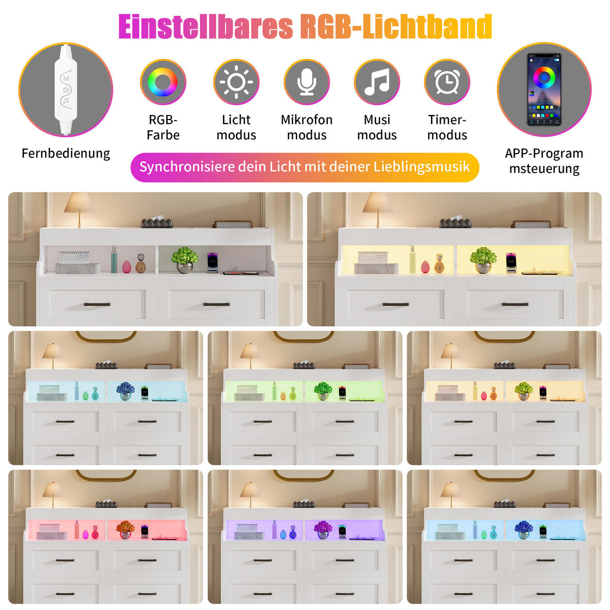 KOMODA 110 cm biela so 6 zásuvkami, RGB LED, zásuvkami a USB - biela, drevo (110/99/40cm)