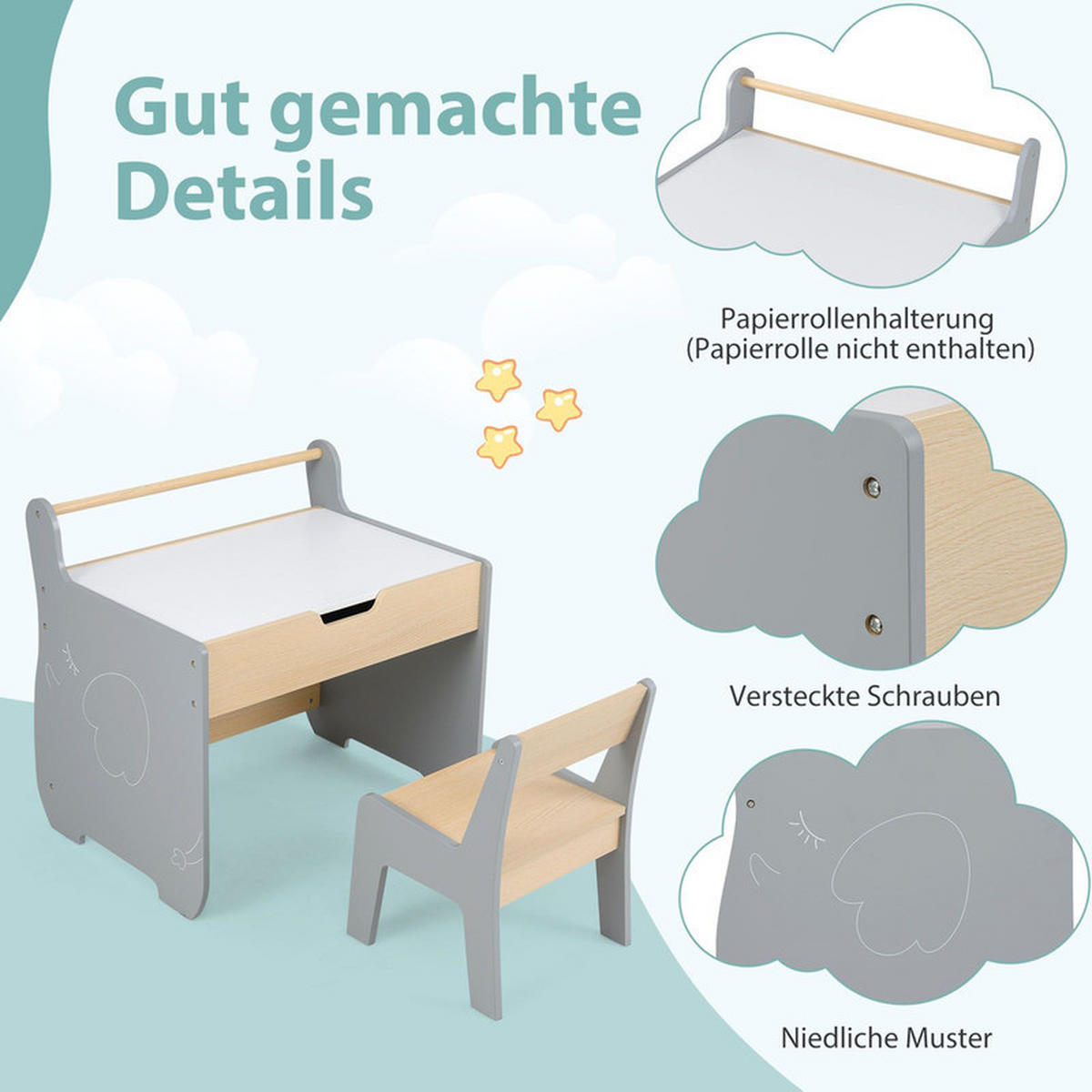 KINDERTISCH mit Stuhl grau(2-tlg) - Grau, Holzwerkstoff (61.5/59/47cm) - COSTWAY
