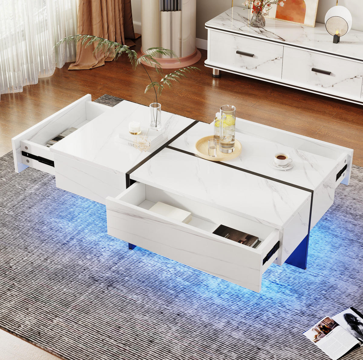 COUCHTISCH 100/50/34,5 cm in Weiß Hochglanz mit 3 Schubladen und LED-Beleuchtung - Weiß, Holzwerkstoff (100/50/34.5cm) - Flora Grace