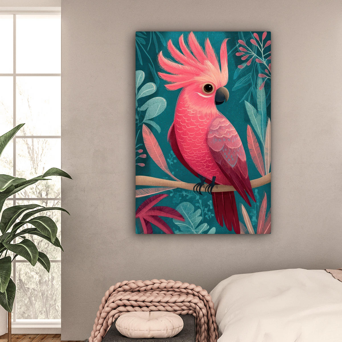 LEINWANDBILD Kakadu - Tropische Blätter - Zweig Deko XXL 80x120 cm - Petrol, Textil (80/120cm) - MuchoWow