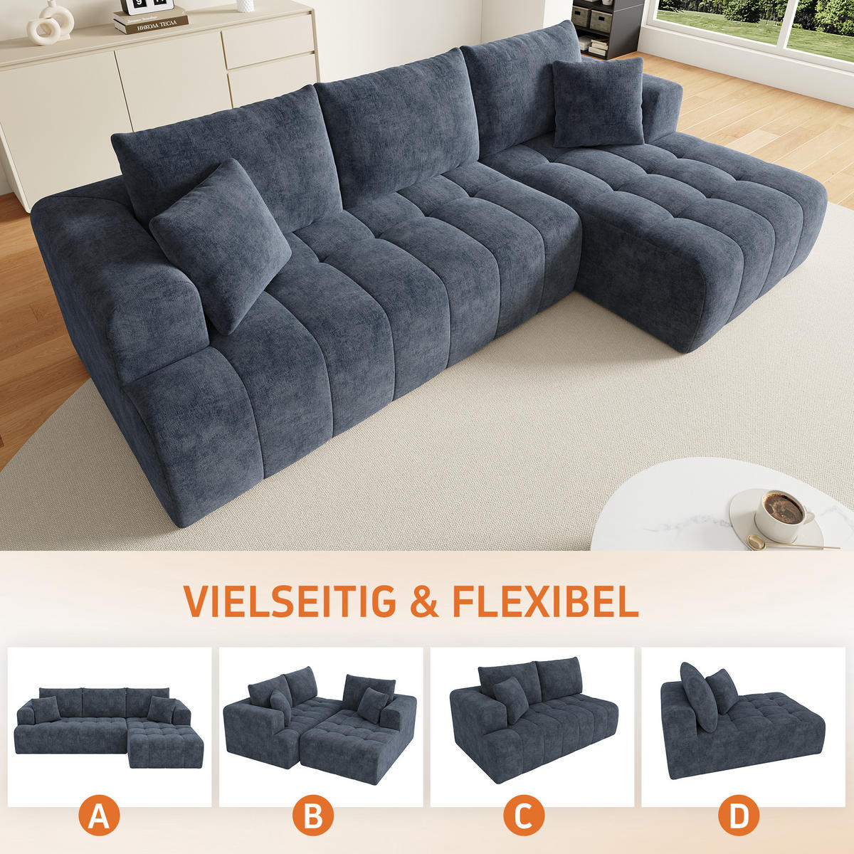 4-SITZER ECKSOFA Chenille Blau mit Kissen - Blau, Textil (244.5/136cm) - WISHDOR