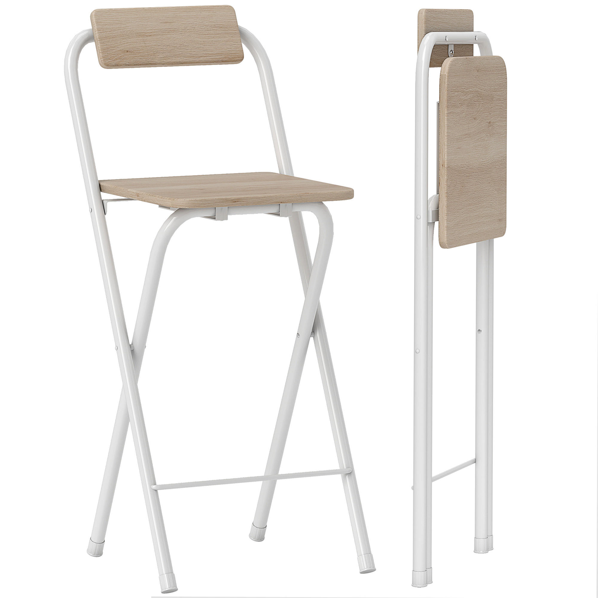 BARHOCKER 2er-Set DE-14766 klappbar mit Rückenlehne und Fußstütze Holzoptik - Naturfarben, Metall (37/87/45cm) - ComfortXL