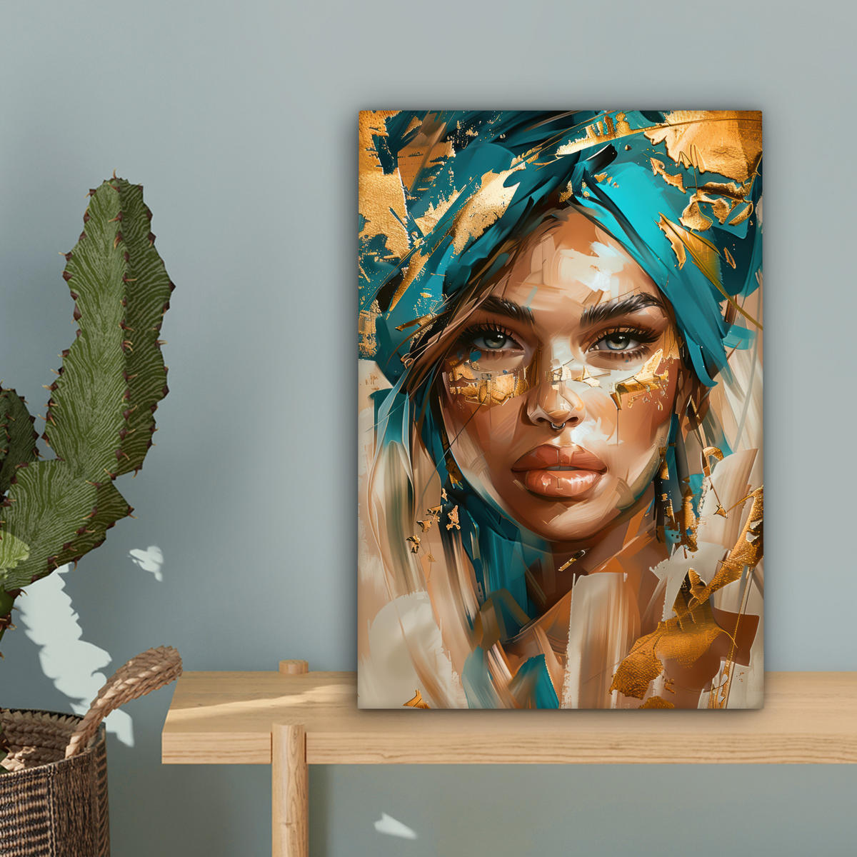 LEINWANDBILD - Frau - Porträt - Gold - Luxus - Blau - 20x30 - Bilder - Türkis, Textil (20/30cm) - MuchoWow