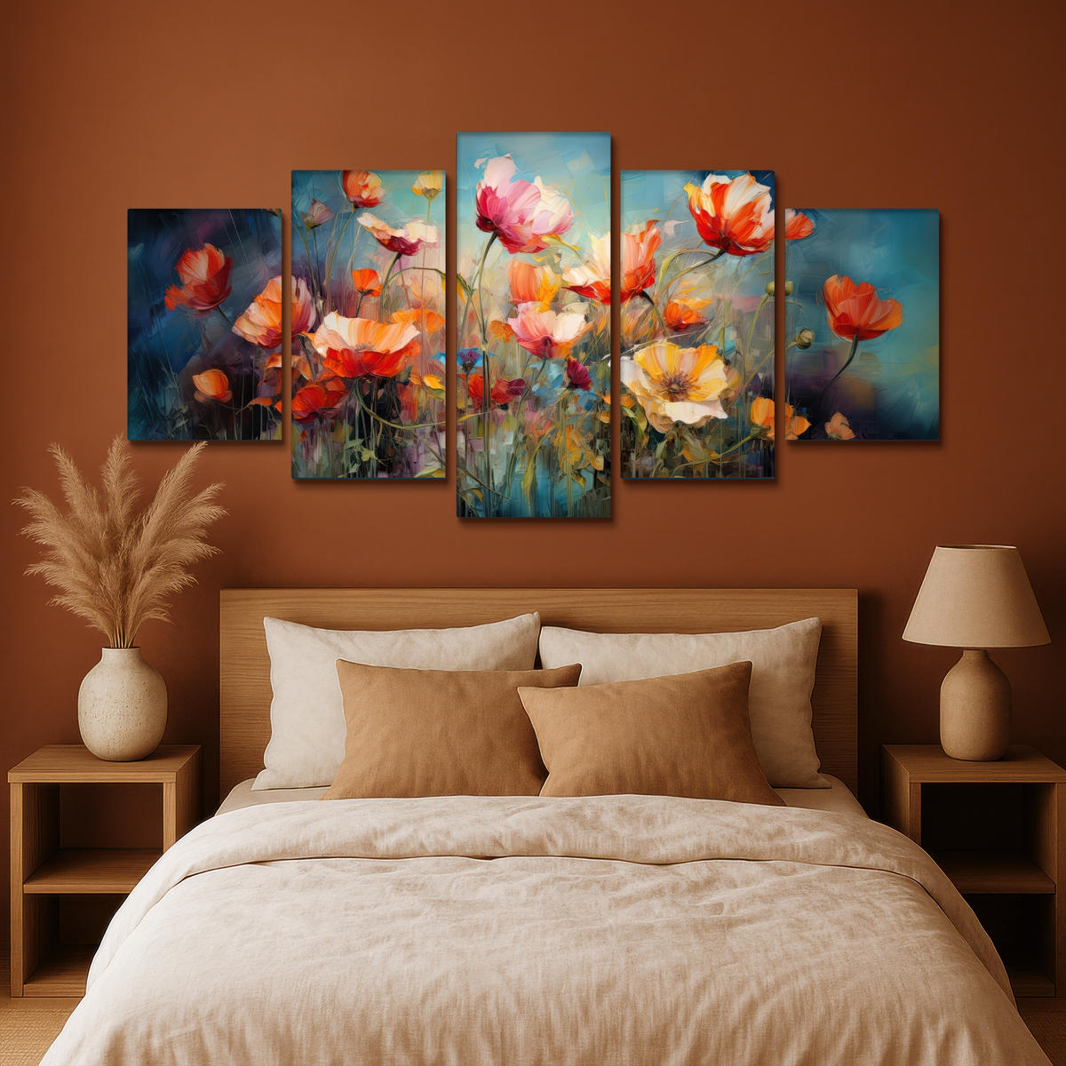 LEINWANDBILD 5er Set Blumen - Bunt - Abstrakt 200x100 cm - Blaugrau, Textil (200/100cm) - MuchoWow