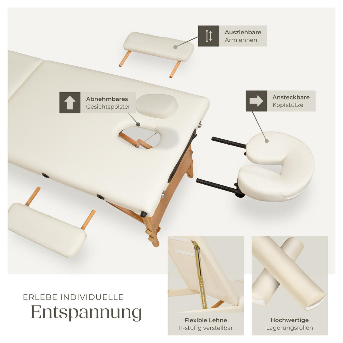 MASSAGELIEGE-SET 3 Zonen Daniel,210 x 95 x 84 cm,beige - Beige, Holz (95/84/210cm) - tectake