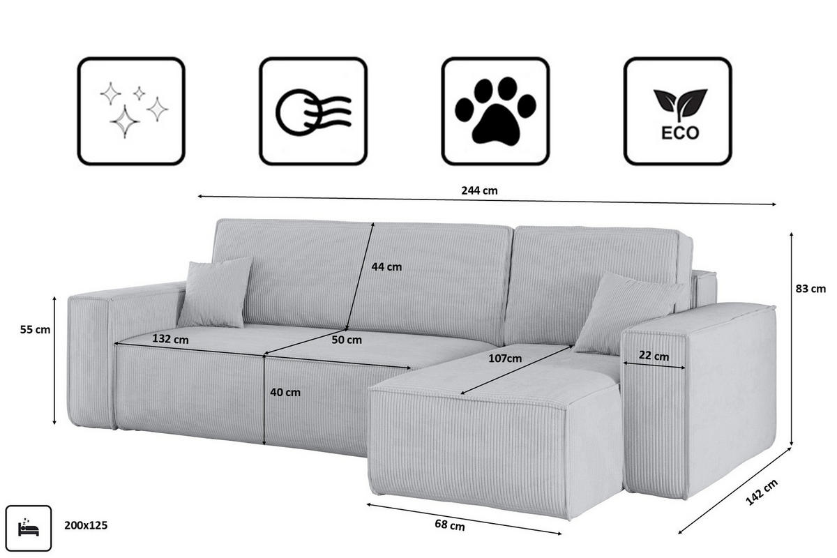 ECKSOFA Mit Schlaffunktion Und Bettkasten BEST Stoff Poso Dicker Cord Grau Rechts - Grau, Holz/Textil (244/142cm) - Kaiser Möbel