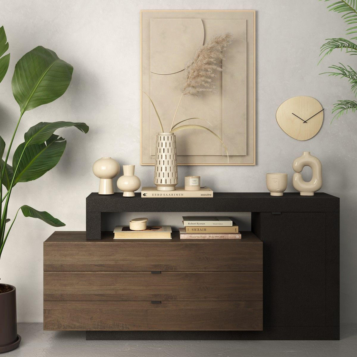 SIDEBOARD 1 Tür und 3 Schubladen Journey - L160 cm - Schwarz, Holzwerkstoff (42/82/160cm) - Calicosy