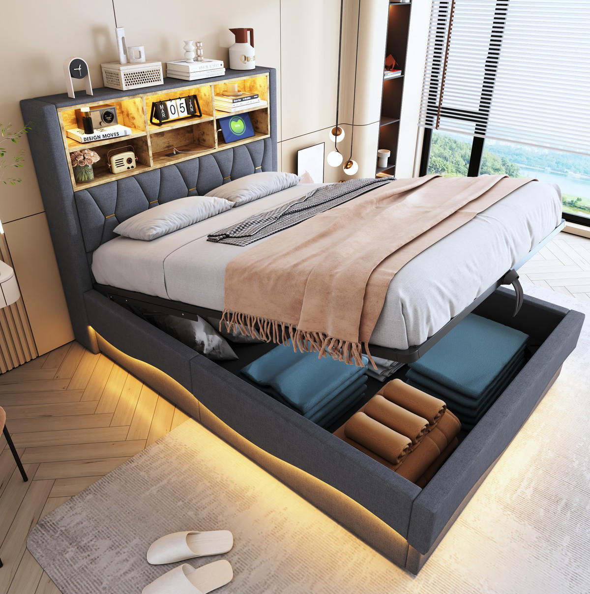 POLSTERBETT 140/200 cm Grau mit Stauraum, LED-Beleuchtung und USB-Anschluss - Grau, Metall (140/200cm) - Flora Grace